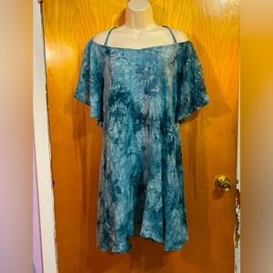 NWT UMGEE Hippie Boho cold shoulder dress,teal tie dye,airy cotton,size L